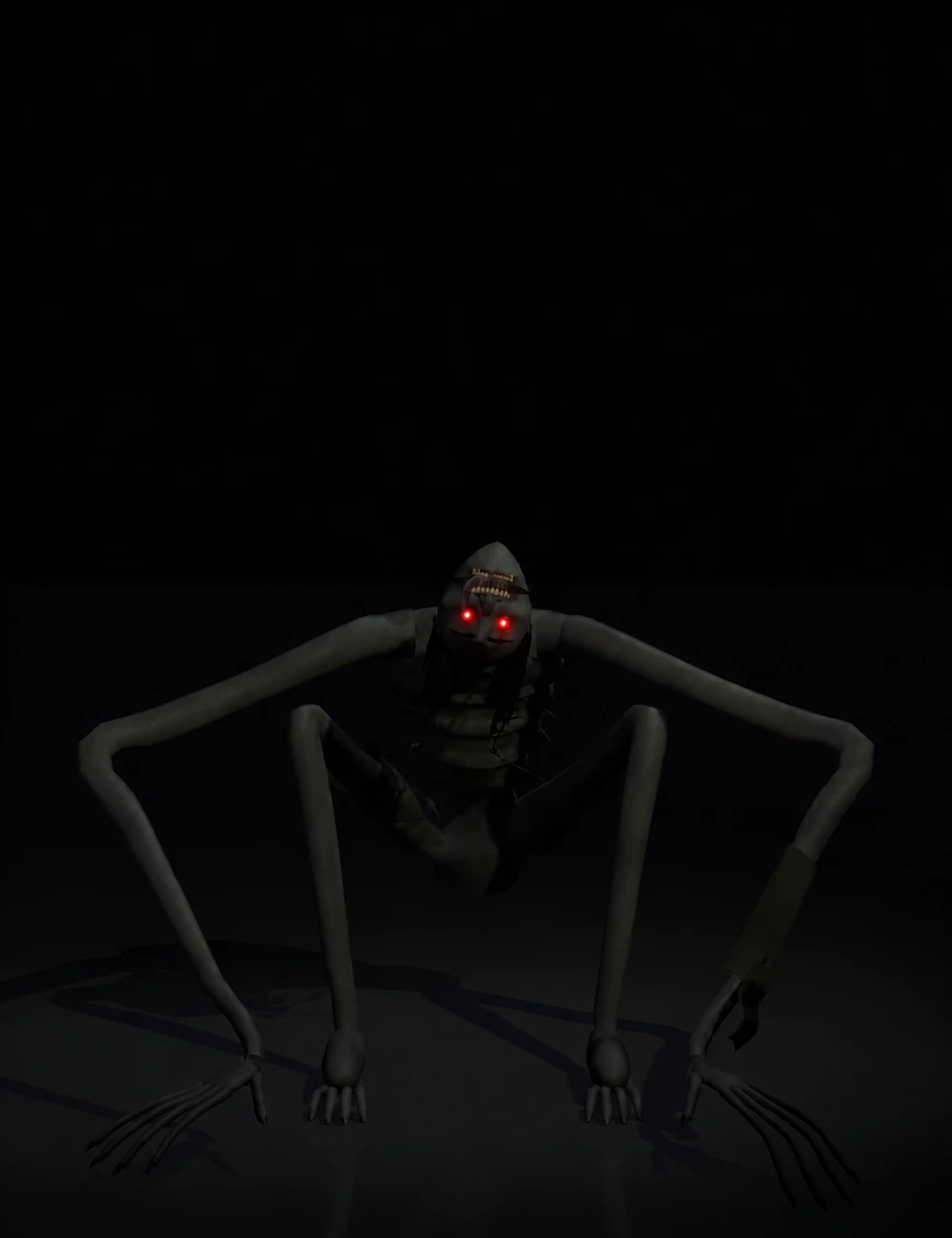 La silueta del Acechador, con los ojos rojos iluminados en la oscuridad.