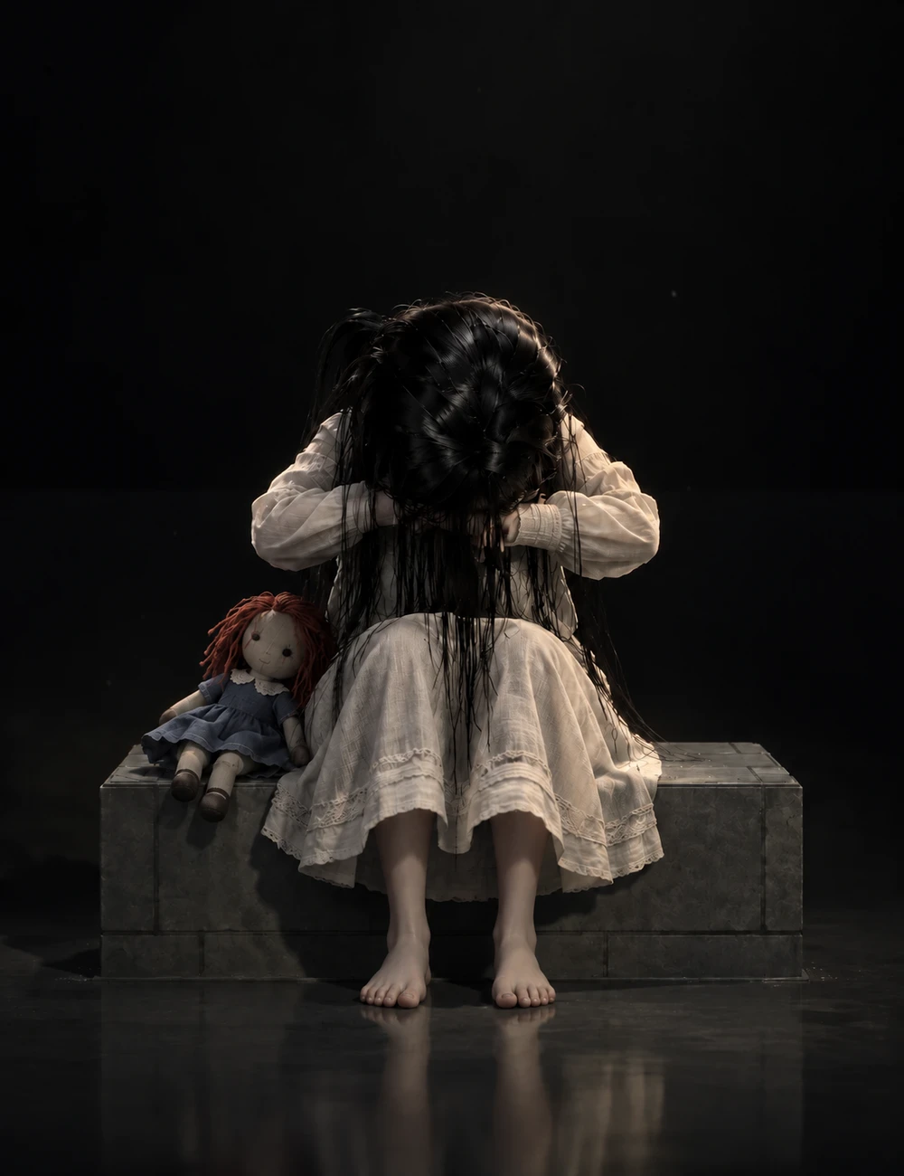 La Niña, sentada en un escalón junto a su muñeca, con el pelo sobre la cara.